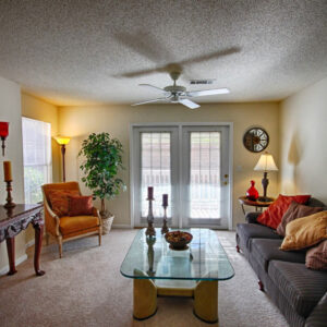 Apartment living room with large doors to patio - The Legends Apartments