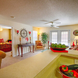 Apartment open concept kitchen and living room with natural light - The Legends Apartments