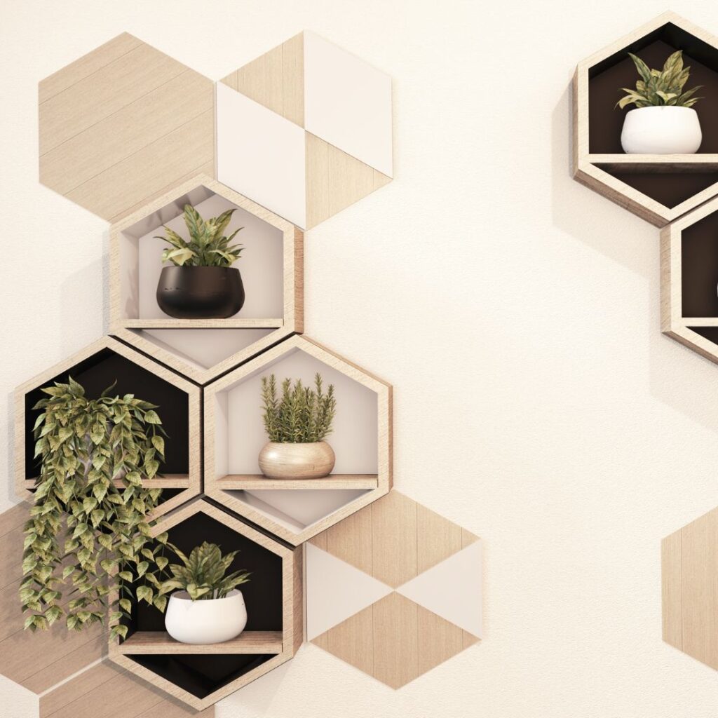 custom wall design with floating shelves
