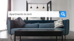 Apartment interior with "apartments to rent" search bar overlaid