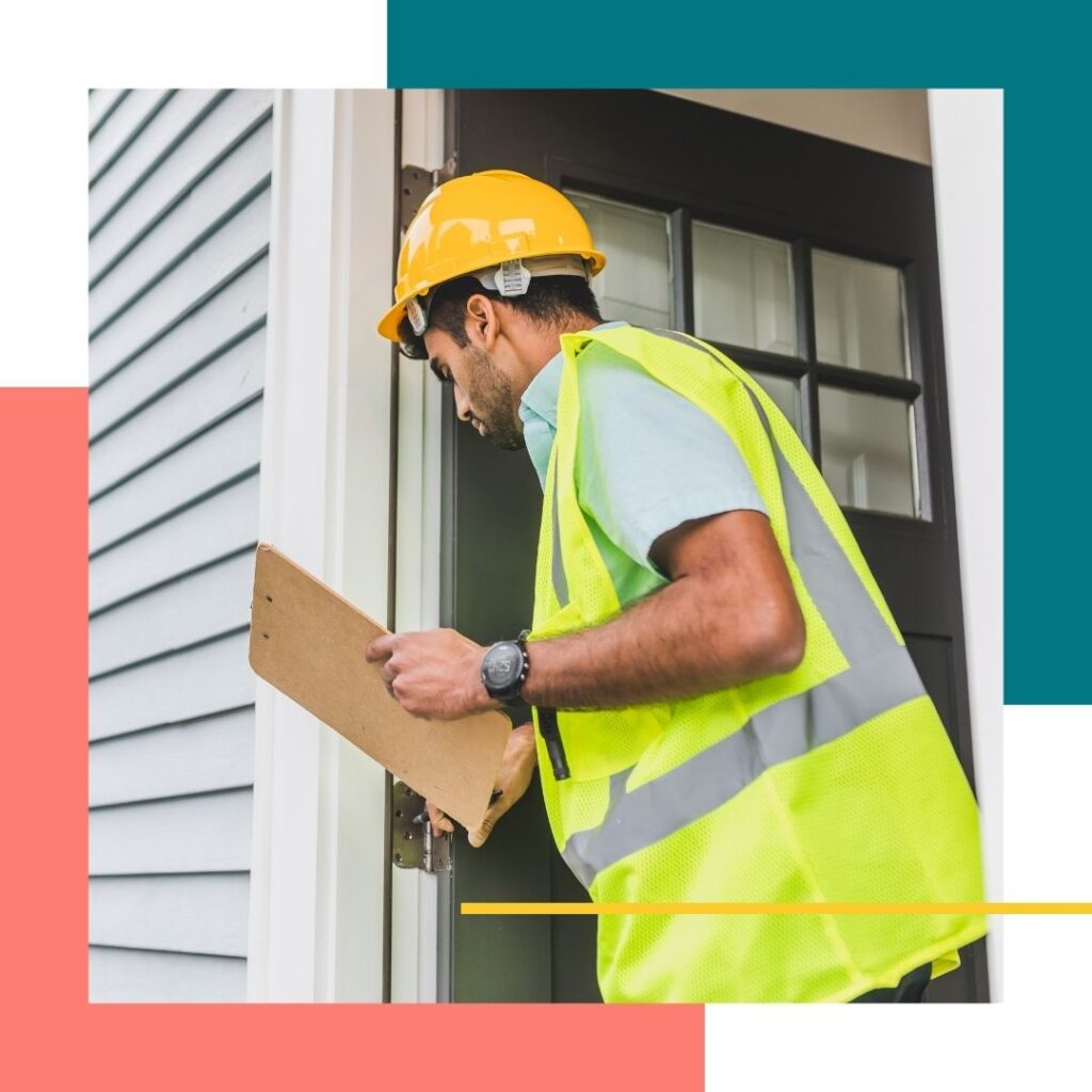 Home inspector looking at a door frame