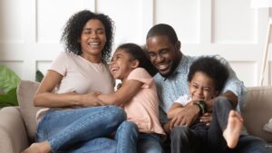 happy family on couch