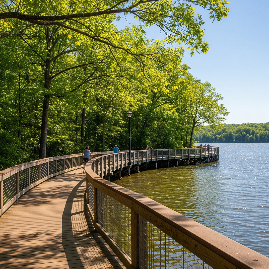 A scenic hiking trail at Bakers Mountain Park overlooking the Catawba Valley.