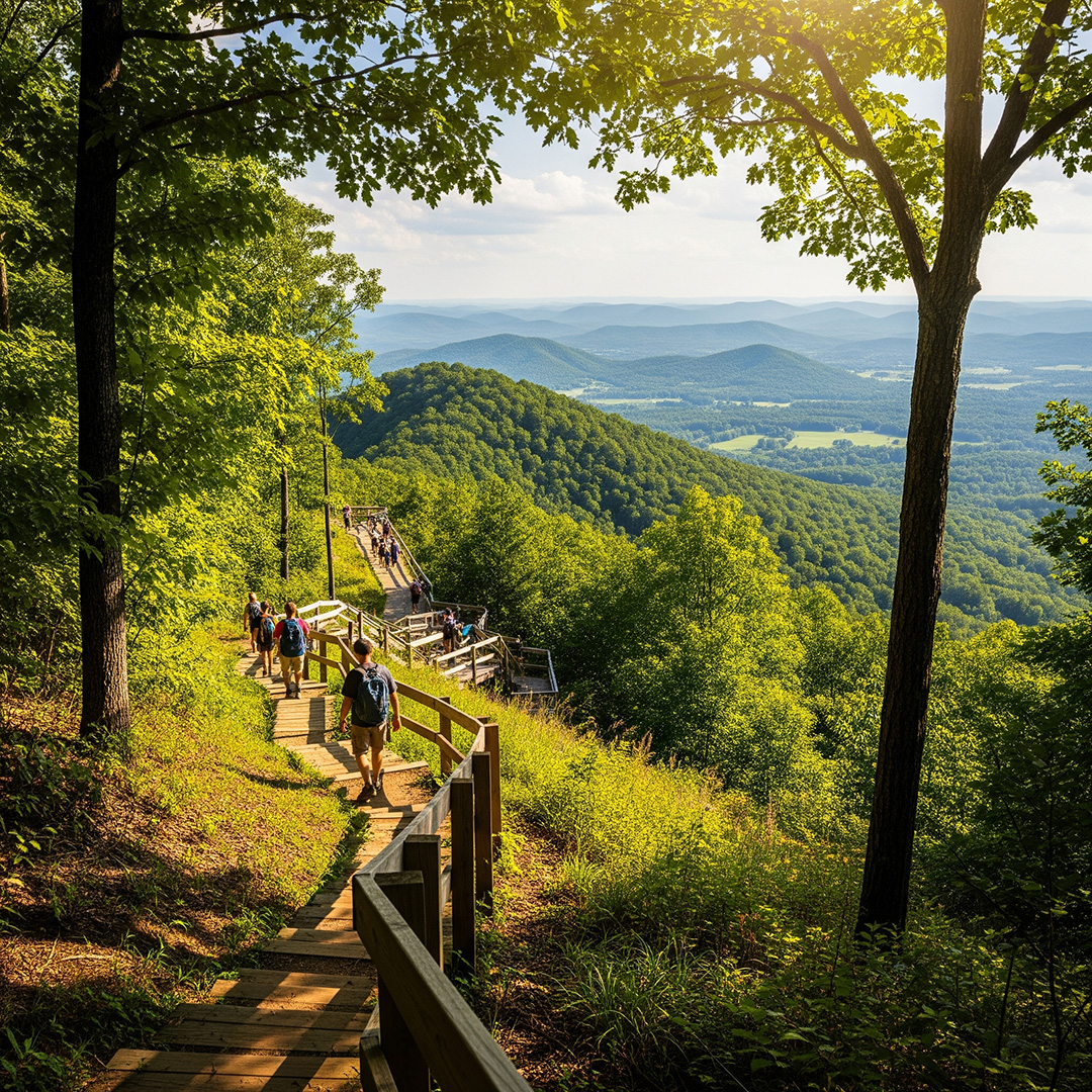 A scenic hiking trail at Bakers Mountain Park overlooking the Catawba Valley.