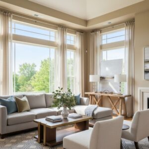 Elegant apartment living room with large windows and comfortable seating.
