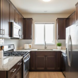 Modern kitchen with granite countertops and stainless steel appliances.
