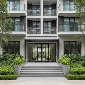 A grand entrance with wide steps leads to the glass doors of a modern apartment building, flanked by manicured green plants and trees.