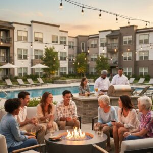 A group of apartment residents of various ages laughing and socializing around a modern outdoor fire pit at dusk, with string lights overhead. In the background, other residents are gathered near a resort-style swimming pool and a chef is grilling food