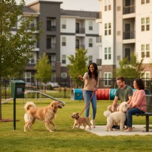 Happy residents enjoying a pet park at an apartment complex. A woman is actively playing fetch with a golden retriever and a small terrier, while a couple sits on a bench petting a poodle.