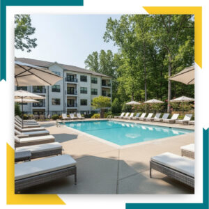 an apartment swimming pool with loungers