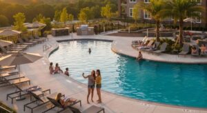 A high-angle view of a luxury apartment complex with a resort-style swimming pool and residents relaxing at sunset.