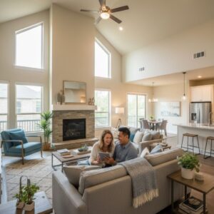 A couple laughs while sitting in a bright, modern open-concept living room with high vaulted ceilings and a fireplace.