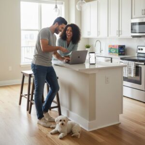 A couple uses a laptop in a contemporary kitchen with white cabinetry and stainless steel appliances while their small dog sits nearby.