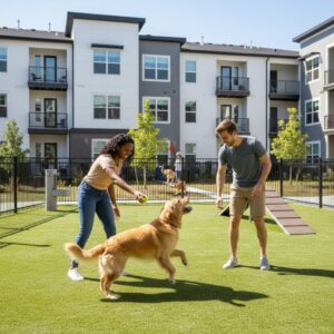 Two people play with an energetic golden retriever in a well-maintained, fenced-in community dog park at an apartment complex.
